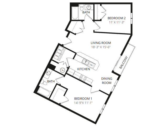 Floor plan for 2 beds, 2 baths, 944 sqft